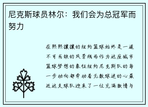 尼克斯球员林尔：我们会为总冠军而努力